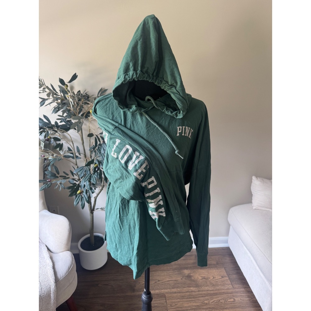 Victorias Secret PINK Forest Green Silver Glitter Graphic Hooded T-Shirt XS